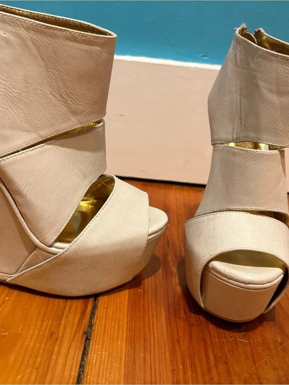 Cream Open-Toe Wedge Booties - Women
